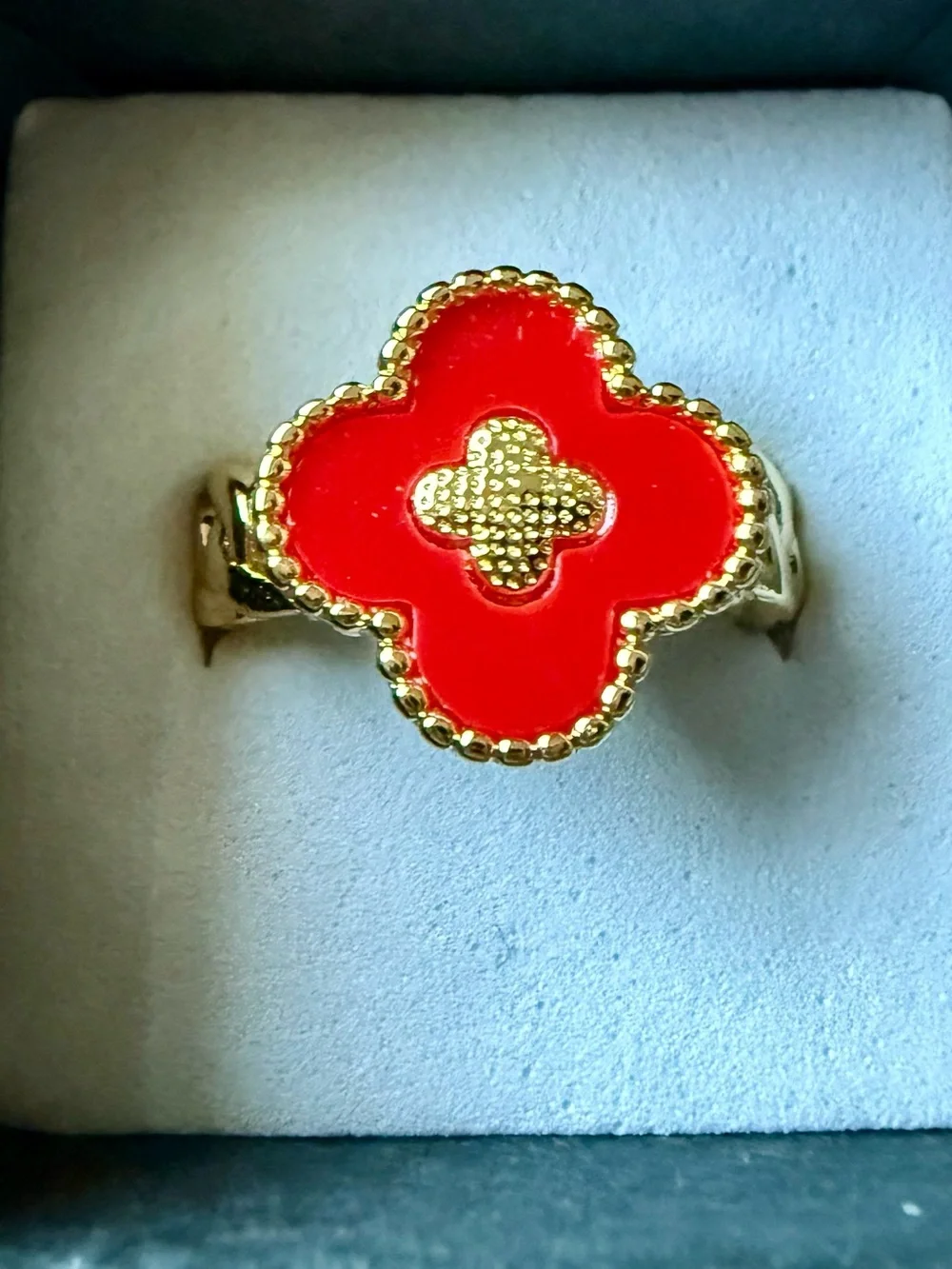 NEW! 18k Yellow Gold Plated Red Clover Ring